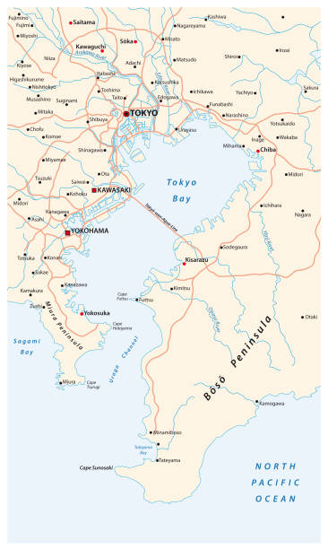 ilustraciones, imágenes clip art, dibujos animados e iconos de stock de mapa vectorial de la bahía del área metropolitana de tokio en la costa del pacífico - bahía de tokio