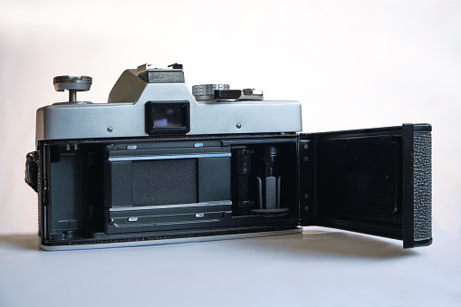 London / UK - May 16, 2020: Minolta SR-T 101 vintage 35mm analog film camera, launched in 1966. Backside view.