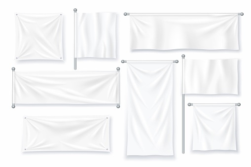 White textile banner. Blank textile flag and vector banner mockup waving on white. Realistic template of fabric cloth canvas for advertising sign. Hanging white promo ribbon for ripple on the wind