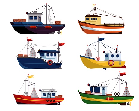 Fishing boat. Commercial fishing trawler for fishery industrial of seafood production vector illustration. Small marine ship, sea or ocean fish boat set.