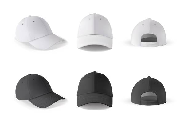 ealistic baseball cap template vector set Baseball cap. Realistic baseball cap template front, side, back views. Black and white blank cap isolated on white background. Empty mockup set with different side of sport hat. baseball cap stock illustrations