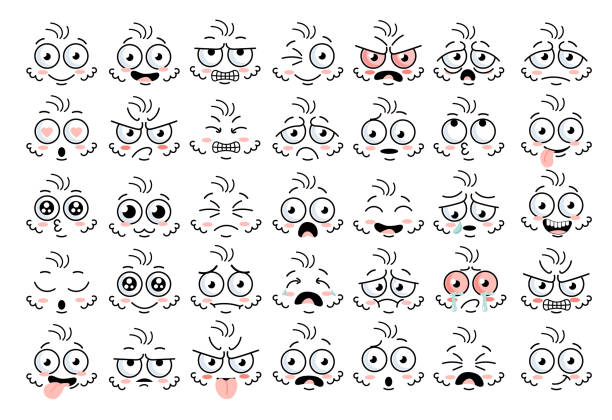Funny face eye parts with expressions emotion Cartoon face eye. Funny face parts with expressions emotion character. Comic doodle smile face, angry, sad, cute and smiley eye. Cartoon faces expressions set isolated on white background. smirk stock illustrations