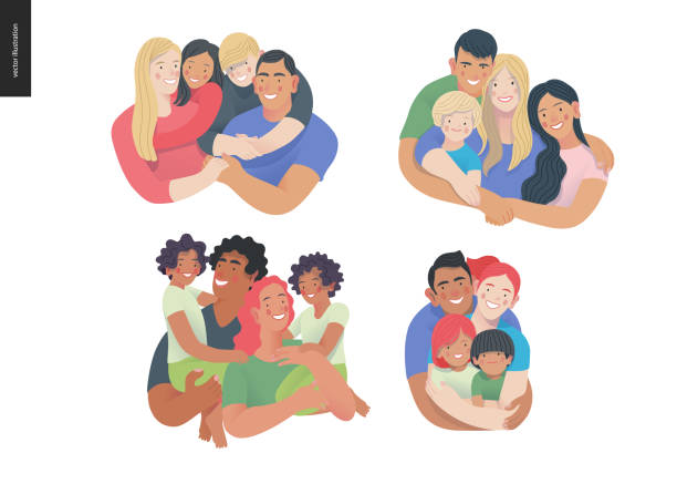 ilustraciones, imágenes clip art, dibujos animados e iconos de stock de familia feliz con niños -salud y bienestar familiar - abrazo familia