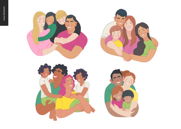 szczęśliwa rodzina z dziećmi - zdrowie i dobre samopoczucie rodziny - family portrait asian ethnicity mother stock illustrations