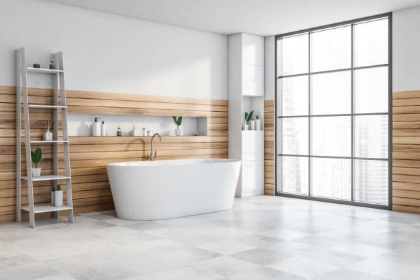 istock White and wood bathroom corner with tub and shelf 1225360878