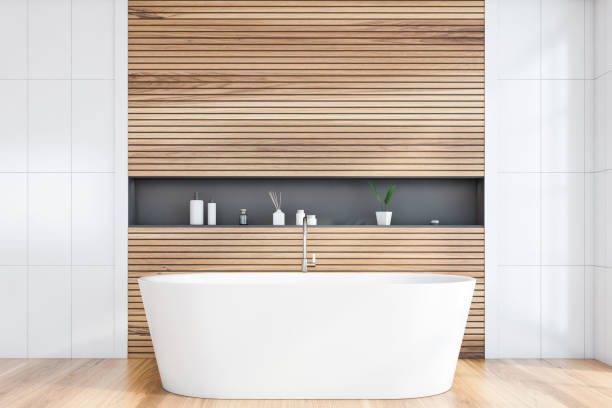 istock Wooden and white bathroom interior with tub 1225361838