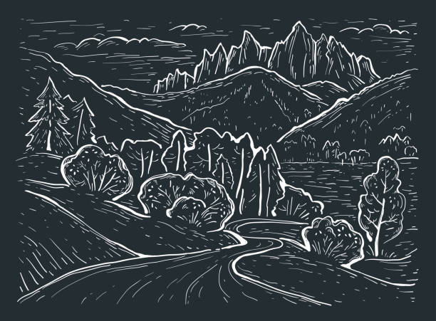 illustrations, cliparts, dessins animés et icônes de style de gravure. croquis de paysage. montagnes dolomites, italie, europe. illustration de vecteur dessinée à la main avec une forêt, une route, des arbres, des montagnes sur un fond noir - trentino alto adige