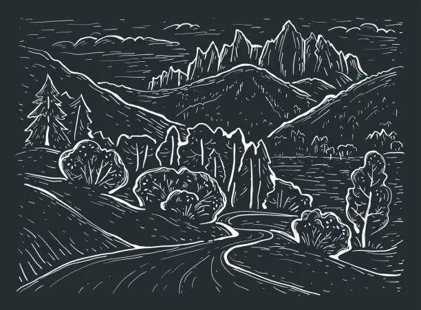 Vector illustration of Engraving style. landscape sketch. Dolomites Mountains, Italy, Europe. Hand drawn vector illustration with a forest, road, trees, mountains on a black background