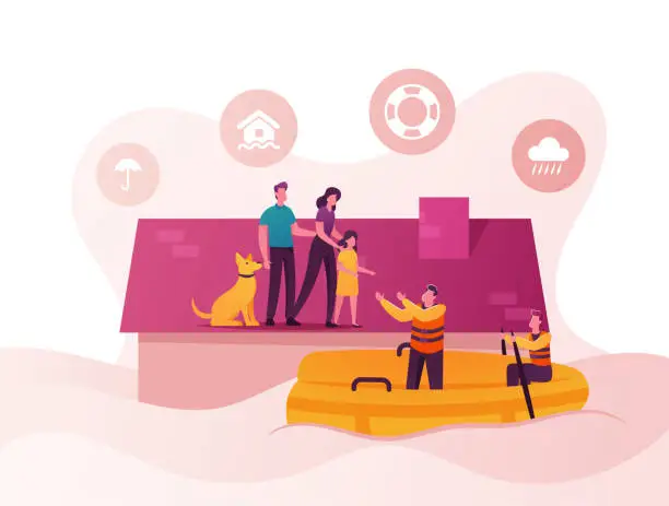 Vector illustration of Family Characters Need Help at Flood. Man, Woman, Little Girl and Dog Stand House Roof, Rescues on Boat Evacuate People. Storm Consequences, Global Inundation Evacuation. Cartoon Vector Illustration