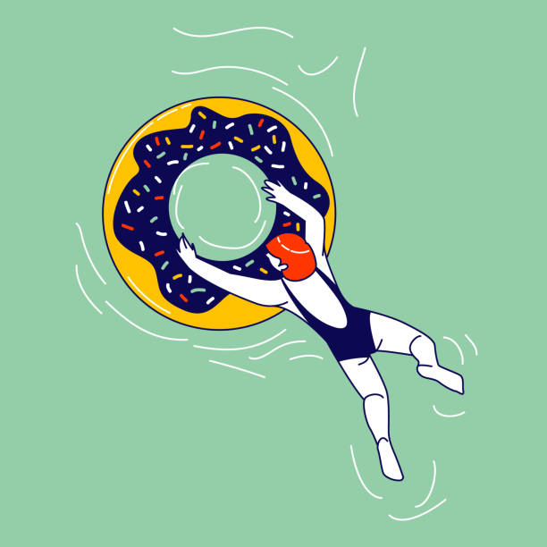 istock Female Character in Swimming Suit Enjoying Summer Time Vacation Floating on Inflatable Mattress in Shape of Donut in Ocean or Sea. Resort or Hotel Relax in Swimming Pool. Linear Vector Illustration 1225363383