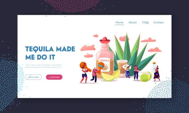 Vector illustration of People Drinking Tequila Landing Page Template. Tiny Characters with Maracas, Salt and Lime at Huge Bottle and Agave Azul Plant. Mexican Culture Tourism, Latin Landmark. Cartoon Vector Illustration