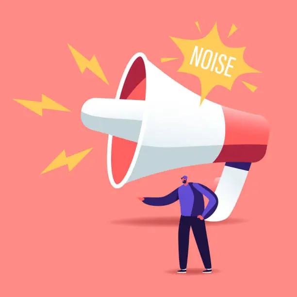 Vector illustration of Tiny Male Character stand at Huge Megaphone Suffering of Noise Pollution. Big City Dweller Hearing Loud Sounds and Tinnitus. Loudspeaker Making Strong Uproar. Cartoon People Vector Illustration