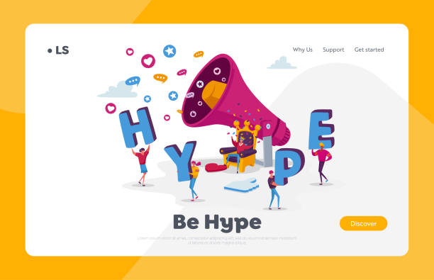 Hype Landing Page Template. Tiny Characters with Huge Letters in Hands and Megaphone. King on Throne with Money. Social Media Viral or Fake Content Spreading. Cartoon People Vector Illustration Hype Landing Page Template. Tiny Characters with Huge Letters in Hands and Megaphone. King on Throne with Money. Social Media Viral or Fake Content Spreading. Cartoon People Vector Illustration internet fame stock illustrations