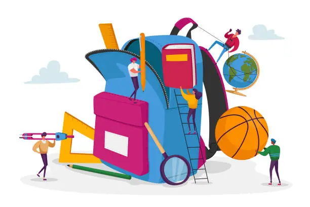 Vector illustration of Tiny Male and Female Characters Put in Huge Backpack Educational Tools, Stationery Ball, Globe and Book for Different Disciplines. Back to School, Education Concept. Cartoon People Vector Illustration