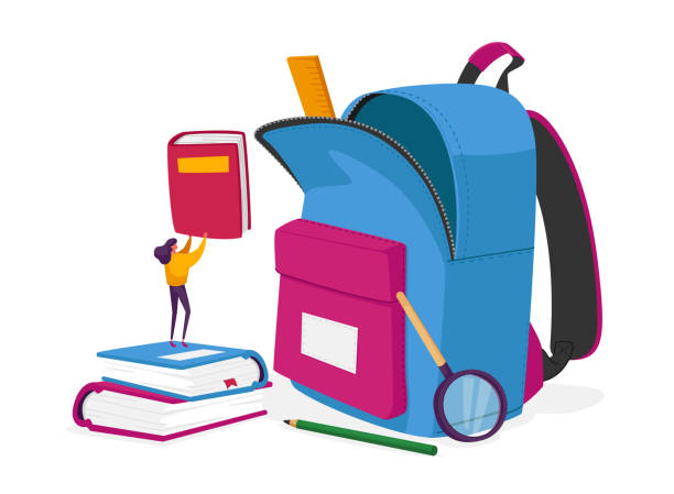 ilustrações de stock, clip art, desenhos animados e ícones de tiny female character put textbooks in huge backpack with educational tools and equipment. studying, learning, back to school, education in college or university concept. cartoon vector illustration - school pencil