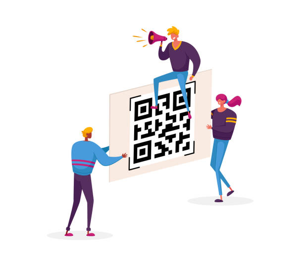 Cashless Society Concept. Tiny Male and Female Characters Carry Huge Qr Code to Check Prices, Receive Promotions and Discounts. Mobile Application for Shopping. Cartoon People Vector Illustration Cashless Society Concept. Tiny Male and Female Characters Carry Huge Qr Code to Check Prices, Receive Promotions and Discounts. Mobile Application for Shopping. Cartoon People Vector Illustration qr barcode generator stock illustrations