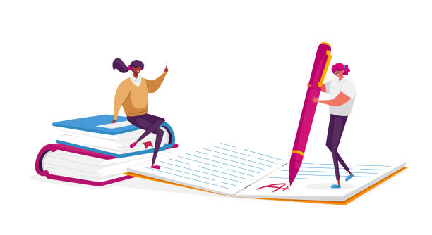 winzige lehrer charaktere überprüfen test oder hausaufgaben bei riesigen notebook, frau sitzt auf lehrbüchern pile. weibliche schularbeiter, professionelle tutoren beruf, job. cartoon menschen vektor illustration - hausaufgabe stock-grafiken, -clipart, -cartoons und -symbole