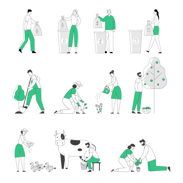 ilustrações de stock, clip art, desenhos animados e ícones de set of male and female characters collecting trash for recycling. men and women gardening and farming works. people care of plants and animals isolated on white background. linear vector illustration - contorno ilustrações