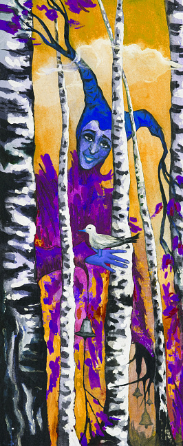 Fashionable vertical illustration allegory of autumn modern art my original oil painting on canvas landscape  birch trees and human figure forest fairy creature Pan Harlequin holding a bird in the hands against the background of a  forest of autumn trees sunny sky and clouds