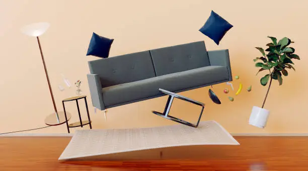 Photo of Living room with zero gravity and furniture flying through the air