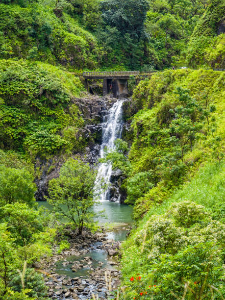 マウイ島,ハワイハナハイウェイワイルアイキ滝道からハナへカフルイとハナを結ぶ - waterfall maui hawaii islands hana ストックフォトと画像