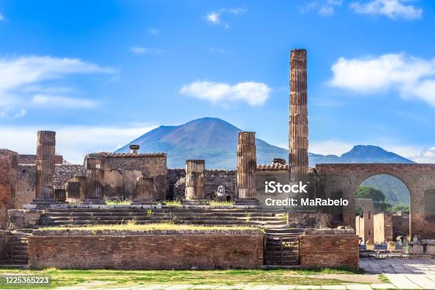 Pompeii In Italy Ruins Of The Antique Temple Of Apollo With Bronze Apollo Statue Naples Stock Photo - Download Image Now