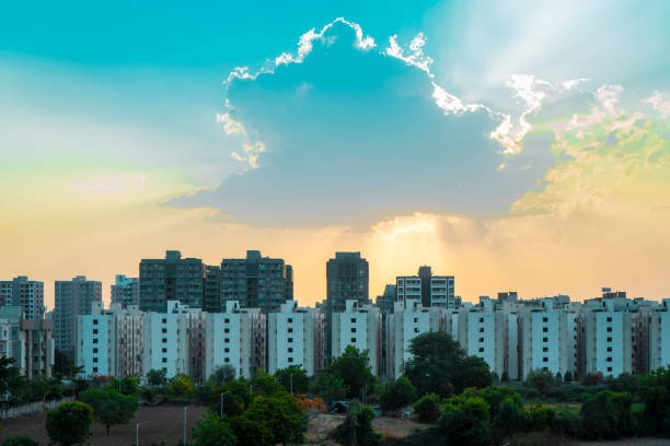 istock beautiful view of sunset over city. 1225366115