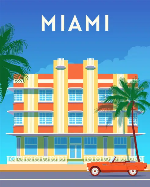 Vector illustration of Miami city travel retro poster, sunny day in Art Deco District. Summer Florida vintage banner. Hand drawn flat vector illustration.