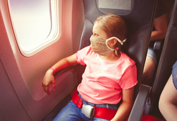 istock Girl with face mask flying by airplane 1225368601