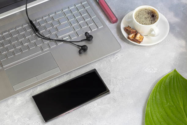 istock Coronavirus. Quarantine Online training, education and freelance work. Lunch delivery. Laptop, phone and medical mask for protection. Coronavirus pandemic in the world. Closing offices. 1225370737