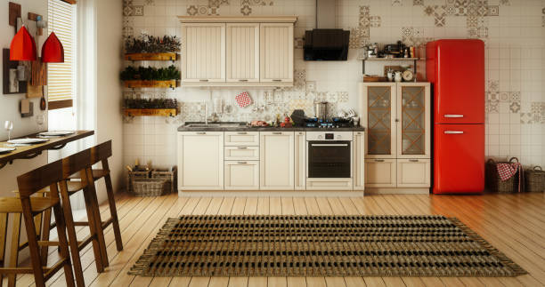 Digitally generated cozy and modern Scandinavian style domestic kitchen interior with a wall mounted bar style dining table, kitchen counter and lots of props.The scene was rendered with photorealistic shaders and lighting in Autodesk® 3ds Max 2020 with V-Ray Next with some post-production added.