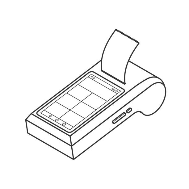 Isometric line icon smart terminal cash desk Isometric Multifunctional smart payment terminal with cash register print receipt. 3d Wireless online cash desk tablet with check isolated. Vector payments machine. Online shopping line icon point of sale tablet stock illustrations