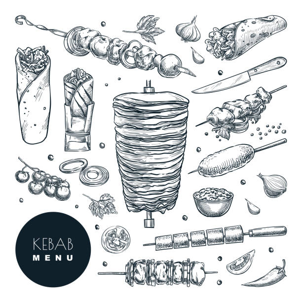 Doner kebab set. Vector hand drawn sketch illustration. Beef, lamb and chicken barbecue meat, restaurant design elements Fresh and tasty arabic doner kebab set. Vector hand drawn sketch illustration, isolated on white background. Beef, lamb and chicken barbecue meat, turkish restaurant vintage design elements chicken skewer stock illustrations