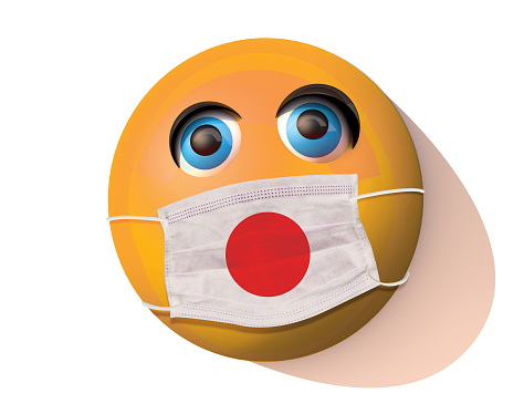 Masked patient emoji is looking at camera on white background. Japan fights the virus and seems to overcome it. Japan has performed very well in fighting pandemics.