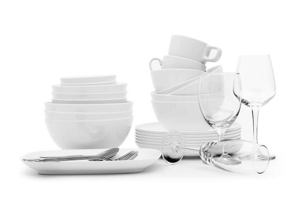 istock set clean dishes glasses on white background 1225374197