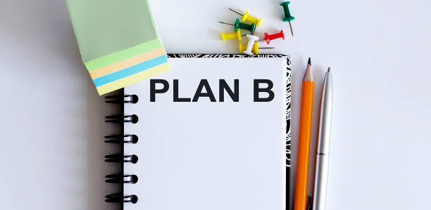 istock Desk with stationary and notebook with text Plan B and pen, pencil, stickers. 1225374989