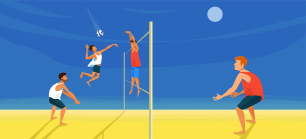 ilustrações de stock, clip art, desenhos animados e ícones de beach volleyball game. spiker is kicking the ball against blocker. - volleying sport summer men
