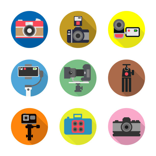 icon-set von fotografen, digitalkamera, stativ, film-gimbal, blitz, vdo-kamera, action-kamera mit zyklus-symbol und schatten-design. - mittelformat kamera stock-grafiken, -clipart, -cartoons und -symbole