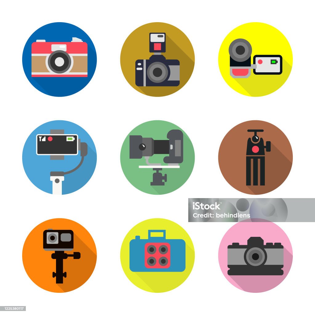 Verhandeling Algebra orgaan Icon Set Of Photographer Digital Cameratripod Movie Gimbalflash Vdo Camera  Action Camera With Cycle Icon And Shadow Design Stock Illustration -  Download Image Now - iStock
