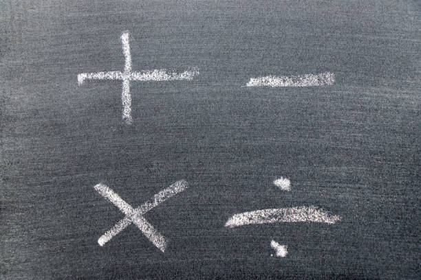 White color chalk hand drawing in mathematics symbol shape (Plus, minus, multiply, divide) on black board background