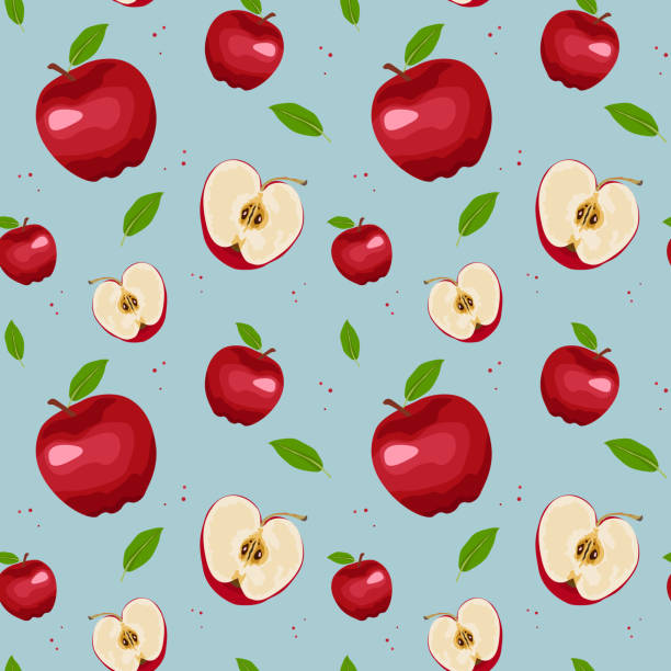 illustrazioni stock, clip art, cartoni animati e icone di tendenza di questo è un motivo senza cuciture di mela rossa. questo modello è pieno di mele. questo è un campione di frutta. design per ricetta di stampa, menu ristorante, tessuto, confezionamento. - half full apple green fruit