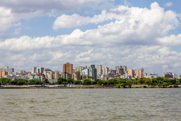 Guaiba shore with trees and buildings, Porto Alegre, Rio Grande do Sul, Brazil