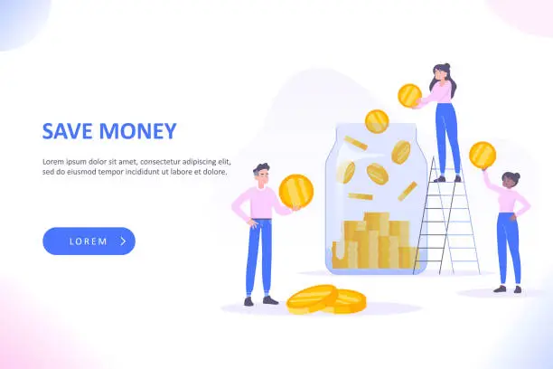 Vector illustration of Save money and investment concept. Young people standing near huge join jar. People saving gold coin into glossy money jar. Save your money, vector illustration