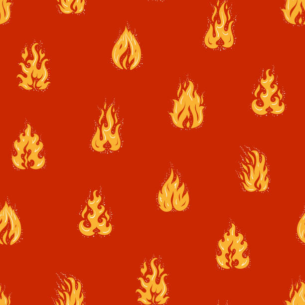Yellow Fire Flames Vector Seamless Pattern. Hand Drawn Doodle Fire Flame Silhouettes Bright Red Background Yellow Fire Flames Vector Seamless Pattern. Hand Drawn Doodle Fire Flame Silhouettes Bright Red Background flame patterns stock illustrations