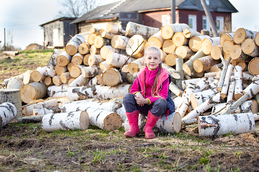 A little girl in a pink sweater and boots sits on birch firewood. Summer evening in the village. A wooden house in the background.