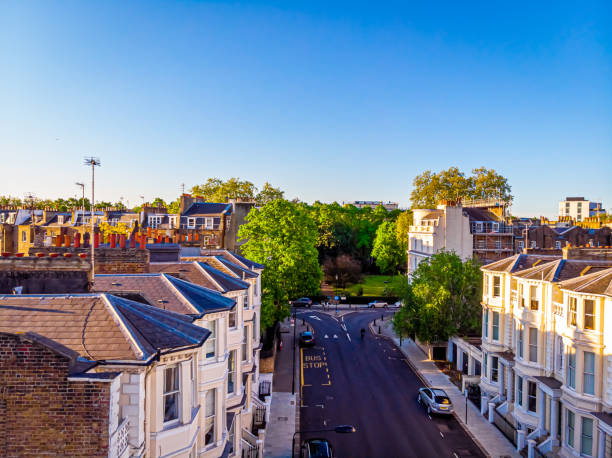 Aerial view of Royal Crescent in the morning, London, UK Aerial view of Royal Crescent in the morning, London, UK notting hill photos stock pictures, royalty-free photos & images