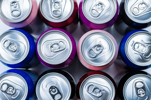 istock Group of aluminium cans, cold drink. Top view. 1225385017