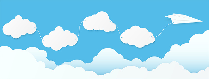 Plane paper and cloud speech bubble on blue sky. Copy space with white blank hanging. paper art vector illustration