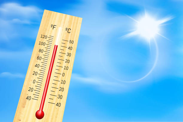 Wooden thermometer with sunny sky background