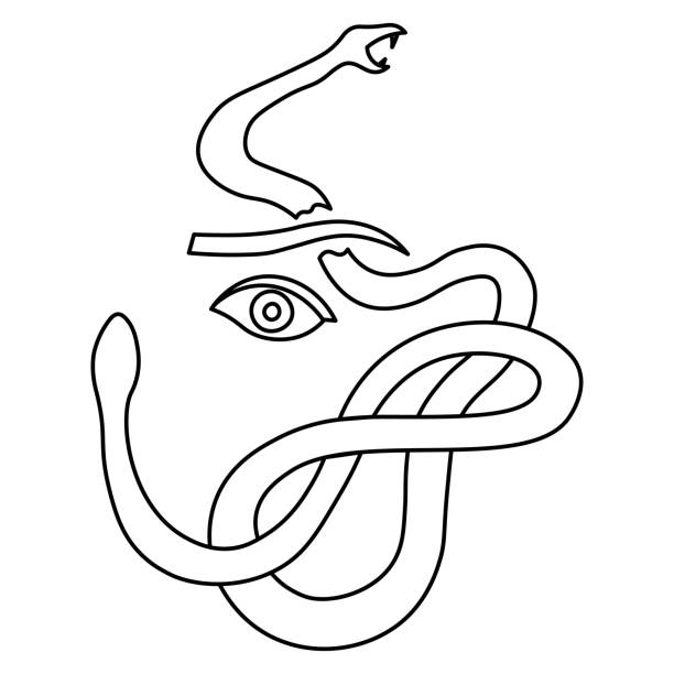 line art of scared woman eye and a snake psychedelic creepy line art of scared woman eye and a snake simple snake tattoo drawings stock illustrations